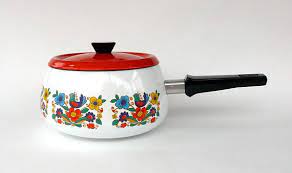 The biggest saucepan is a bit paler. Vintage French Enamel Saucepan With Lid White And Orange Etsy French Enamel French Vintage Vintage House