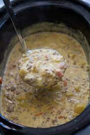 Remove with a slotted spoon onto paper towels to drain any excess grease. Crockpot Soup Slow Cooker Cheeseburger Soup Taste And Tell