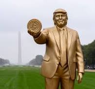 A 12-foot golden statue of President Trump holding a Bitcoin ...