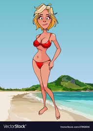 Cartoon woman in a red swimsuit stands Royalty Free Vector