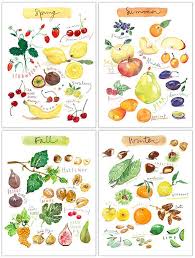 Set Of 4 Fruit Prints Seasonal Food Poster Watercolor Etsy Fruit Wall Art Seasons Art Watercolor Food