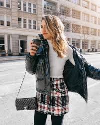 Black And White Plaid Skirt And Jacket Patent Puffer Jacket X Plaid Skirt Nyc Street Style Nyc Winter Outfits Black Skirt Outfits Outfits