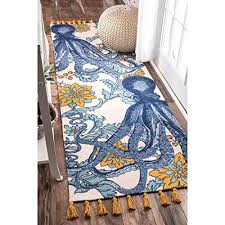 Custom hand crafted, heirloom quality and made just for you. 2 8 X 8 Blue White Octopus Runner Rug Rectangle Indoor Yellow Teal Beach Theme Hallway Carpet Coral Reef Pattern Tropical Ocean Themed Entryway Lake House Cottage Flower Entrance Way Polypropylene Wantitall