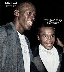 Basketball great Michael Jordan and "Sugar" Ray Leonard attend Mike Tyson  vs Michael Spinks in 1988.