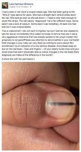 Brown/black lines from the nail. Woman Posts Facebook Warning Over Black Line On Fingernails After Beauty Client Diagnosed With Cancer World News Mirror Online