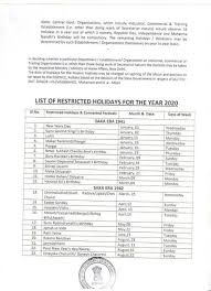 List Of Compulsory Restricted Holidays For The Year 2020 For Kolkata Offices Cgewcc Kolkata Central Govt Employees 7th Pay Commission Staff News