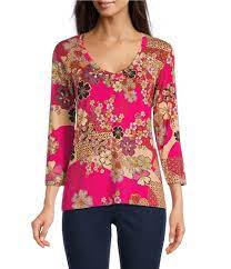JOHNNY WAS Yama Favorite Oriental Floral Print Bamboo Knit Jersey 3/4  Sleeve Tee | Dillard's