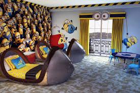 Great Kids Room With Minions Wall Design Also Minions Wall Decals And Cute Unique Beds Super Cute Kids Bedroom Decor Unique Kids Beds Wall Decals For Bedroom