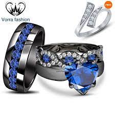 Heart Shape Blue Sapphire Pure 925 Silver Engagement Ring Trio Set W Free Gift Silver Engagement Rings Heart Wedding Rings Sets Heart Wedding Rings