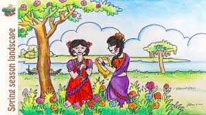 How To Draw Scenery Of Spring Season Step By Step Landscape Drawing An Drawing Kidsart Tutorial Arttuto Drawings Scenery Paintings Canvas Art Painting