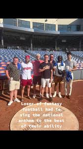 Loser of fantasy football had to sing the national anthem! Thank you Akron  Rubber Ducks for making this all happen! #rubberducks #fantasyloser #akron  #triedhisbest