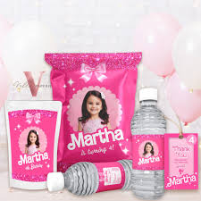 Photo Pink Doll Birthday Party Favor Sparkle Hot Pink Party Decor Chips  Bag, Water Bottle Label, Caprisun, Rice Krispie, Thank Tag HPD01