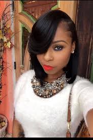 To reveal her face, the actress tucks the other side part behind the ear. Medium Bob With Side Swept Bangs Black Hair Tribe