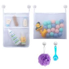 But besides the chaos of toys strewn all over the bathroom, storing bath toys correctly is crucial to preventing bacteria and mold from forming. Bath Toy Organizer Set For Kids And Baby 2 Mesh Storage Bags 6 Heavy Duty Hooks For Bathtub Toy Holder Bathroom Or Shower Caddy Target