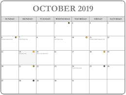 Events October 2019 Calendar With Holiday Moon Phase Calendar Calendar Printables Moon Calendar