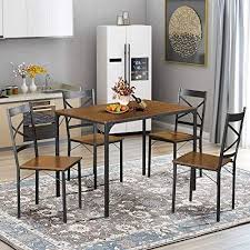 5 Piece Dining Table Set Vintage Table Top Home Kitchen Table With 4 Chairs Metal Dining Room Breakfast Modern Metal Dining Room Brown Dining Table Wooden Kitchen Table