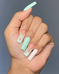 Jhohannails On Instagram Mint Cow Print Mint Green White Shopjhohannails Non Wipe M Long Acrylic Nails Coffin Acrylic Nails Coffin Short Mint Nails