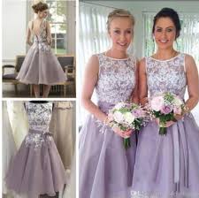 Lavender Color Light Purple Short White Lace On The Chest Bridesmai Tea Length Bridesmaid Dresses Elegant Bridesmaid Dresses Purple Lace Bridesmaid Dresses