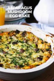 This Asparagus Mushroom Swiss Egg Bake Is Perfect For Brunch Or Breakfast It Can Be Prepared Overnight Make Th Asparagus Recipe Stuffed Mushrooms Baked Eggs