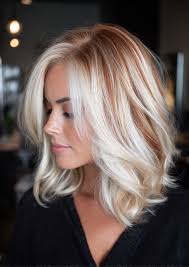 Wavy bob with icy blonde highlights and warm caramel lowlights for a  multi-tonal look.