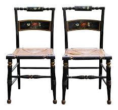 Antique Early American Hitchcock Style Stenciled Pair Of Black Lacquered Chairs In Good Condition One Chair Has Some Damage On Chair Stencil Wood Side Chairs