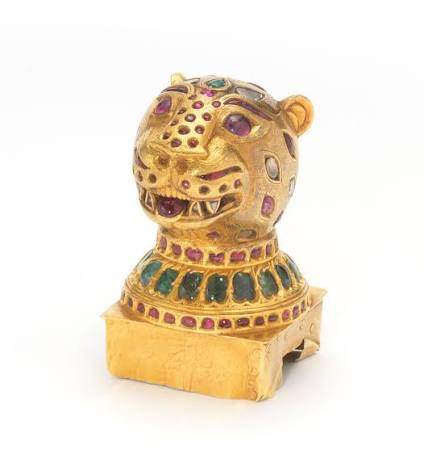 Bonhams : An important gem-set gold Finial in the form of a Tiger's Head from the throne of Tipu Sultan (1750-99) Mysore (Seringapatam), made between 1787-93
