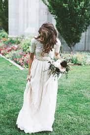 Modest Wedding Dress With Short Sleeve And A Lace Skirt From Alta Moda Modest Bridal Gown Wedding Dresses Lace Bridal Gown Wedding Dresses Lace