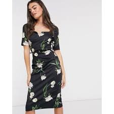93% viscose, 7% elastane care information: Buy Ted Baker Magieyy Elderflower Floral Notch Detail Bodycon Midi Dress Black At Goxip