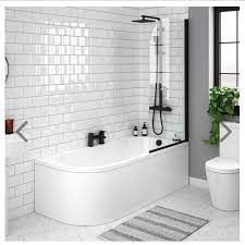 J Shaped Shower Bath 1700mm With Matt Black Screen Curved Panel Victorian Plumbing Uk In 2020 Bathroom Tub Shower Small Bathroom Makeover Bathroom Tub Shower Combo