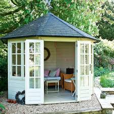 Woman showing digital tablet in the wooden house. Summer House Ideas Garden Shed Summer House For Garden