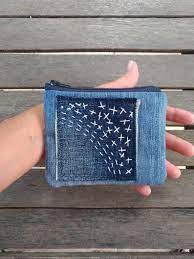 Denim Boro Sashiko Wallet Recycled Jeans Coin Purse Hand Stitch Patch Purse Zippered Pouch Sashiko Blue Jeans Crafts Boro Stitching