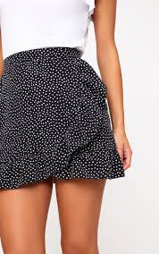 Black A Line Mini Skirt Outfit Black Spot Print Frill Hem Wrap Mini Skirt Mini Skirts Skirt Design Skirt Outfits Summer