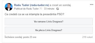 Sociologii rusi au efectuat recent un sondaj pentru a afla in ce masura presedintele putin ar avea rival, in cazul in care ar mai candida si la un al patrulea mandat, in anul 2018. Sondaj Pe Facebook Ramane Sau Pleaca Dragnea Radu Tudor