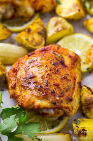 Sheet Pan Harissa Roasted Chicken Thighs Potatoes Onions Harissa Recipes Harissa Chicken Pan Chicken Thighs