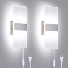 Trlife Modern Wall Sconces Set Of Two Plug In Wall Sconces 12w 6000k Cool White Acrylic Wall Sconce Lighting With 6ft Plug In Cord And On Off Switch On The Cord