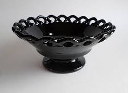 Black Glass Pedestal Fruit Bowl Footed Lace Edge Bowl Black Glass Bowl Lace Edging
