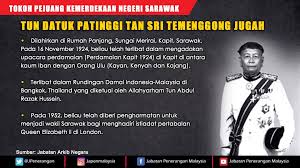 Soekarno merupakan salah satu tokoh hebat yang berjuang dalam meraih kemerdekaan indonesia dan merupakan tokoh pertama yang menjadi presiden mr. Tokoh Pejuang Kemerdekaan Negeri Sarawak Tun Datuk Patinggi Tan Sri Temenggong Jugah Jabatan Penerangan Malaysia