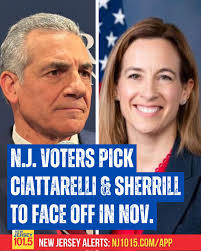 The Associated Press is projecting Jack Ciattarelli as the winner of the  Republican primary and Mikie Sherrill as the winner of the Democratic  primary for November's race for governor.