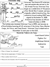 Veterans day is one of the eleven federal holidays in the united states for federal organizations and is a public holiday for all 50 states. Veterans Day Read And Answer Worksheet Enchantedlearning Com