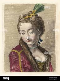 Figure of a young woman with plume in her hair, fur-lined coat. From a  painting by old master in an 18th century art tutorial book. Handcoloured  copperplate engraving from Robert Sayer's The
