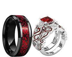 His Tungsten Black Dragon And Her Red Cz Silver Engagement Wedding Rings Set Wedding Rings Sets His And Hers Silver Wedding Rings Wedding Ring Sets