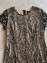 Adrianna Papell Damask Sequined Mesh Dress Lead Nude Embellished Beaded  Size 12