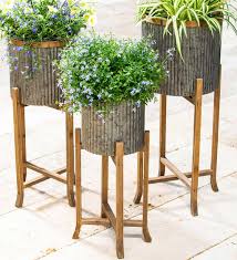 Ferm living tall plant stands with three legs: Corrugated Galvanized Metal Planter With Wooden Stand Set Of 3 Wind And Weather
