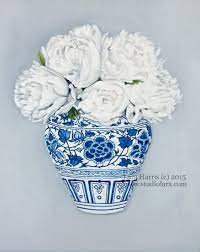 Still Life White Peonies In A Ming Vase By Studiolara316 Fine Art Giclee Prints Blue Painting Blue And White Vase
