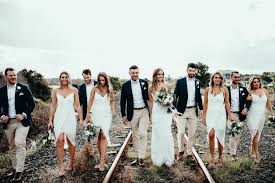 Boho Bridal Party All White Bridesmaid Dresses Two Tone Groomsmen Navy And Beige Byron Bay Wedd White Bridesmaid Dresses Bridesmaid Dresses Boho Bridal