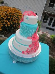Fuchsia Pink Flowers Along Turquoise And White Cake Teal Wedding Cake Teal Wedding Decorations Teal Wedding