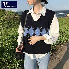 South korean won (₩krw) russian ruble (rub) emirati dirham (aed). Vangull Women Sweater Vest Autumn 2020 Korean Style Vintage Geometric Argyle V Neck Sleeveless Pullovers Knitted Woman Sweaters Vests Waistcoats Aliexpress