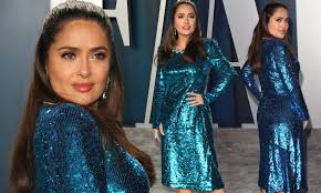 Salma hayek attends the 77th annual golden globe awards at the beverly hilton hotel on january 05, 2020 in beverly hills, california. Salma Hayek Switches Into A Blue Sequinned Midi Dress To Attend Vanity Fair Oscars After Party Daily Mail Online