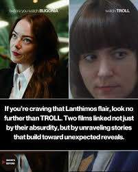 TROLL has that Lanthimos flair. An absurd, uneasy, and darkly rewarding  ride. BUGONIA (dir: Yorgos Lanthimos) TROLL (dir: Anu Valia; writers:  @harror_show @willjanowitz ) Produced By Rachel Nederveld and Hari Leigh ​