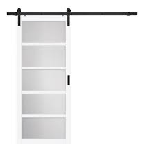 Truporte 36 In X 84 In Bright White Mdf Frosted Glass 5 Lite Rustic Sliding Barn Door With Hardware Kit Bd062w01bw5tge36084 The Home Depot Barn Doors Sliding Glass Barn Doors Modern Sliding Door Hardware